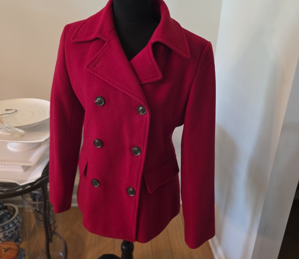 Calvin Klein Double-Breasted Rich Red Wool Peacoat
